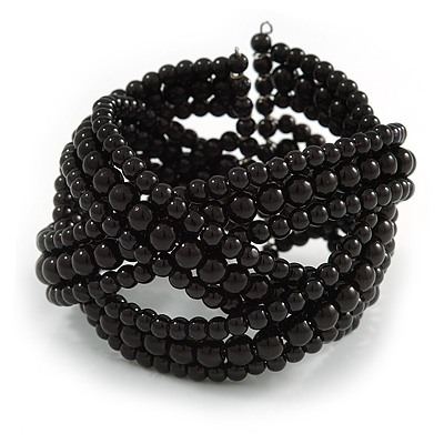 Black Glass Bead Plaited Flex Cuff Bracelet - Adjustable