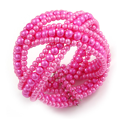 Pink Glass Bead Plaited Flex Cuff Bracelet - Adjustable