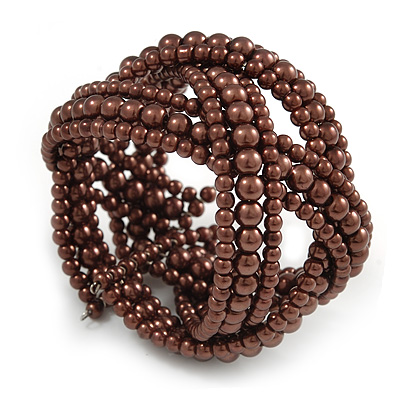Wide Chocolate Brown Glass Bead Plaited Flex Cuff Bracelet - Adjustable