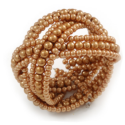Wide Tan Brown Glass Bead Plaited Flex Cuff Bracelet - Adjustable