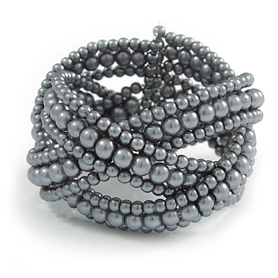 Wide Grey Glass Bead Plaited Flex Cuff Bracelet - Adjustable