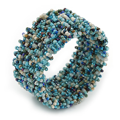 Trendy Light Blue/ Peacock/ White Glass Bead Flex Cuff Bracelet - Adjustable
