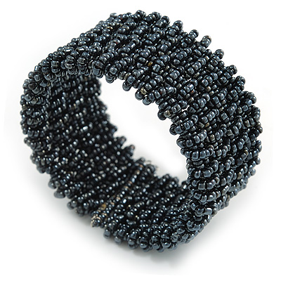 Trendy Hematite/ Anthracite Glass Bead Flex Cuff Bracelet - Adjustable