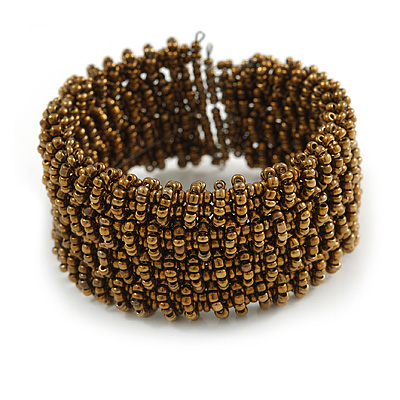 Trendy Bronze/ Antique Gold Glass Bead Flex Cuff Bracelet - Adjustable