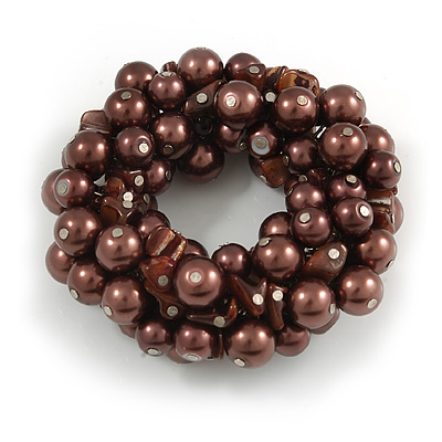 Solid Chunky Chocolate Brown Glass Bead, Sea Shell Nuggets Flex Bracelet - 18cm L