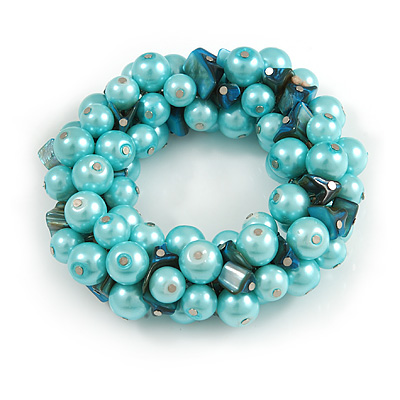 Solid Chunky Light Blue Glass Bead, Teal Sea Shell Nuggets Flex Bracelet - 18cm L