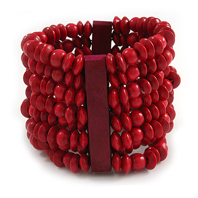 Wide Wooden Bead Flex Bracelet In Red - 19cm L - Adjustable