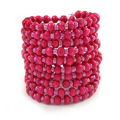 Wide Wood and Glass Bead Coil Flex Bracelet In Pink - Adjustable