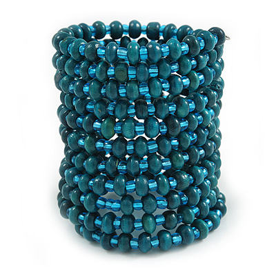 Wide Teal Wood and Light Blue Glass Bead Coil Flex Bracelet - Adjustable