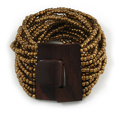 Bronze Gold Glass Bead Multistrand Flex Bracelet With Wooden Closure - 19cm L