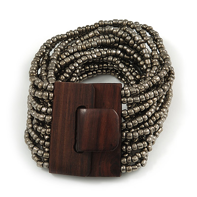 Anthracite Grey Glass Bead Multistrand Flex Bracelet With Wooden Closure - 19cm L