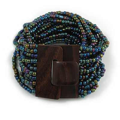 Peacock Glass Bead Multistrand Flex Bracelet With Wooden Closure - 19cm L - main view