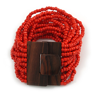 Burnt Red Glass Bead Multistrand Flex Bracelet With Wooden Closure - 19cm L