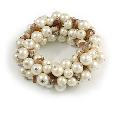 Solid Chunky Light Cream Glass Bead, Antique White Sea Shell Nuggets Flex Bracelet - 18cm L