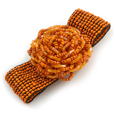 Statement Beaded Flower Stretch Bracelet In Burnt Orange - 18cm L - Adjustable - main view