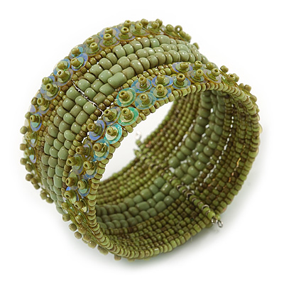 Bohemian Beaded Cuff Bangle with Sequin (Lime Green) - Adjustable