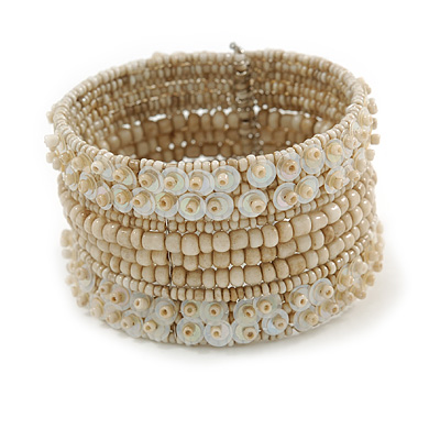 Bohemian Beaded Cuff Bangle with Sequin (Antique White) - Adjustable - main view