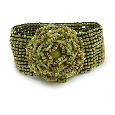 Statement Beaded Flower Stretch Bracelet In Lime Green - 18cm L - Adjustable