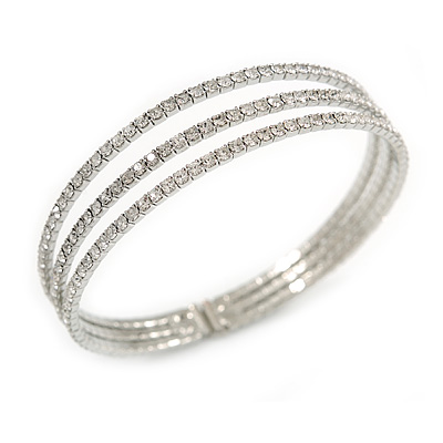 Delicate 3 Strand Clear Crystal Flex Cuff Bracelet in Silver Tone Metal - Adjustable