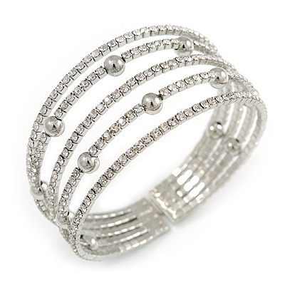 Delicate 5 Row Clear Crystal Flex Cuff Bracelet With Silver Tone Ball Bead - Adjustable