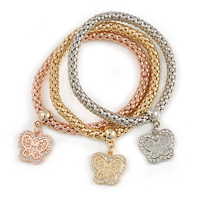 Set Of 3 Thick Mesh Flex Bracelets with Butterfly Charm in Gold/ Silver/ Rose Gold - 19cm L - main view
