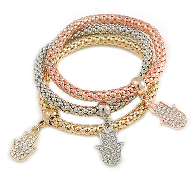 Set Of 3 Thick Mesh Flex Bracelets with Crystal Hamsa Hand Charm in Gold/ Silver/ Rose Gold - 19cm L