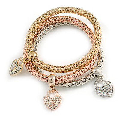Set Of 3 Thick Mesh Flex Bracelets with Heart/ Keylock Charm in Gold/ Silver/ Rose Gold - 19cm L - main view