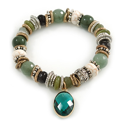 Trendy Ceramic and Semiprecious Bead, Gold/ Silver Tone Metal Rings Flex Bracelet (Olive, Green, Black, Natural) - 18cm L