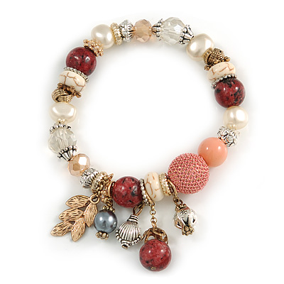 Trendy Ceramic, Glass and Semiprecious Bead, Gold/ Silver Tone Metal Rings, Charm Flex Bracelet (Pink, Red, Cream) - 18cm L - main view