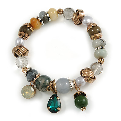 Trendy Glass and Semiprecious Bead, Gold Tone Metal Rings Flex Bracelet (Green, Grey, Olive)) - 18cm L - main view