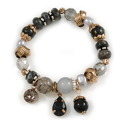 Trendy Glass and Semiprecious Bead, Gold Tone Metal Rings Flex Bracelet (Black, Grey) - 18cm L - main view