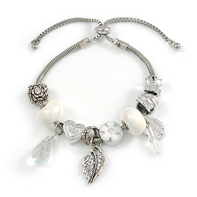Trendy Glass, Crystal, Metal Bead Charm Chain Bracelet In Silver Tone (White/ Clear) - 15cm L/ 3cm Ext