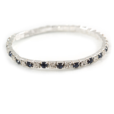 Slim Montana Blue/ Clear Crystal Flex Bracelet In Silver Tone Metal - up to 17cm L - For Small Wrist