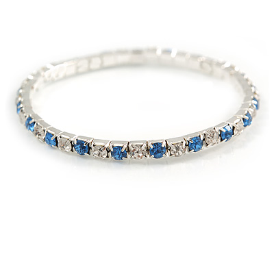 Slim Sky Blue/ Clear Crystal Flex Bracelet In Silver Tone Metal - up to 17cm L - For Small Wrist - main view