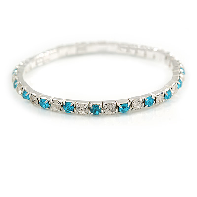 Slim Aqua/ Clear Crystal Flex Bracelet In Silver Tone Metal - up to 17cm L - For Small Wrist - main view