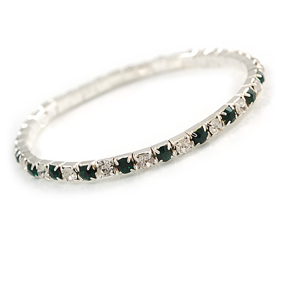 Slim Emerald Green/ Clear Crystal Flex Bracelet In Silver Tone Metal - up to 17cm L - For Small Wrist