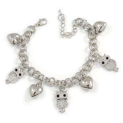 Statement Owl/ Heart Charm with Chunky Chain Bracelet In Silver Tone - 19cm L/ 5cm Ext
