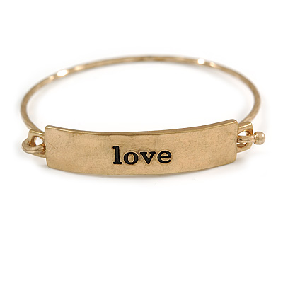 Vintage Inspired Hammered 'Love' Plate Slim Bangle Bracelet in Worn Gold Tone - 17cm Long (Small) - main view