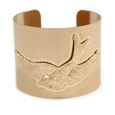 Wide Brushed Gold With Swallow Bird Cuff Bangle Bracelet - 20cm Long