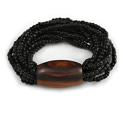 Multistrand Black Glass Bead with Brown Wooden Bead Flex Bracelet - Medium - main view