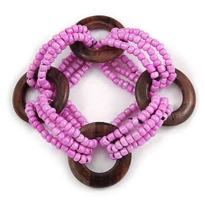 Multistrand Pearlized Pink Glass Bead with Wooden Rings Flex Bracelet - Medium