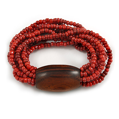Multistrand Red-Brown Glass Bead with Brown Wooden Bead Flex Bracelet - Medium