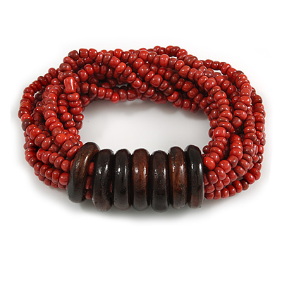 Multistrand Red-Brown Glass Bead with Wooden Rings Flex Bracelet - Medium