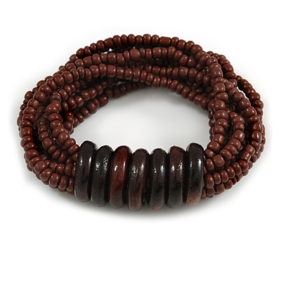 Multistrand Brown Glass Bead with Wooden Rings Flex Bracelet - Medium