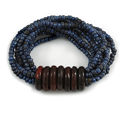 Multistrand Denim Blue Glass Bead with Wooden Rings Flex Bracelet - Medium