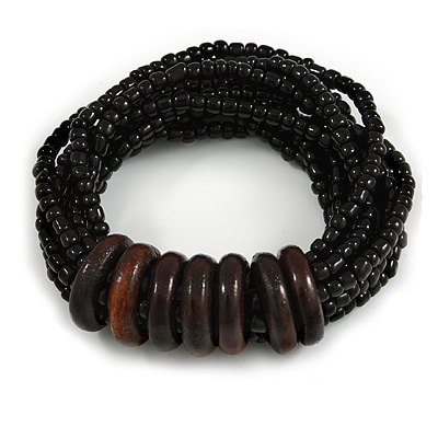 Multistrand Black Glass Bead with Wooden Rings Flex Bracelet - Medium - main view