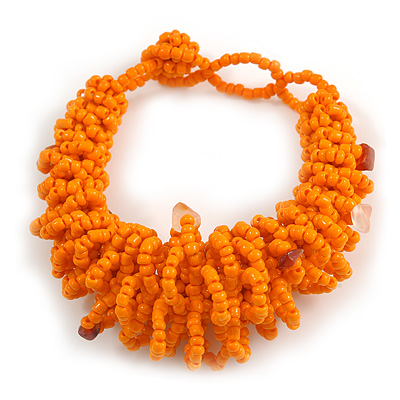 Chunky Glass Beads and Semiprecious Stone Bracelet In Orange - 17cm Long - Small