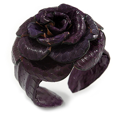 Statement Deep Purple Snake Print Leather Rose Flower Flex Cuff Bangle Bracelet - Adjustable - main view