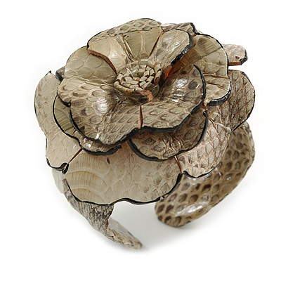 Statement Off White/ Grey Snake Print Leather Flower Flex Cuff Bangle Bracelet - Adjustable