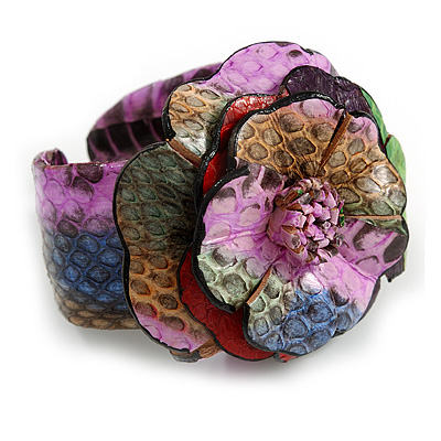 Statement Multicoloured Snake Print Leather Flower Flex Cuff Bangle Bracelet - Adjustable